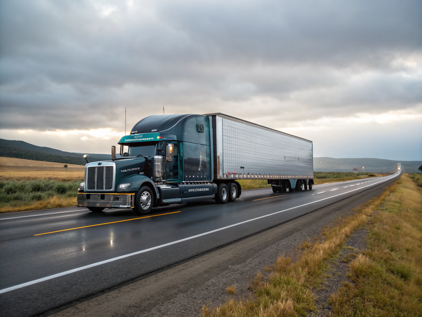 Heavy duty freight truck traveling on a highway at sunset